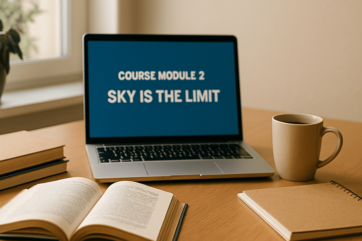 Laptop con mensaje inspirador 'Sky is the limit', indicando posibilidades ilimitadas de aprendizaje.