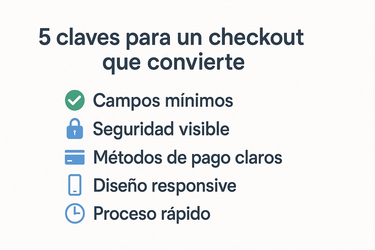 Cinco claves para optimizar tu checkout y aumentar conversiones Lista visual con cinco recomendaciones esenciales para mejorar el proceso de checkout