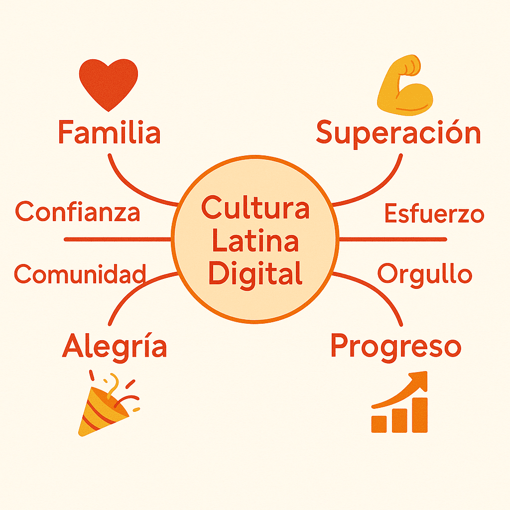 Valores clave de la cultura latina digital Mapa visual con palabras clave que definen la cultura latina digital: familia, comunidad, progreso, esfuerzo, entre otras.