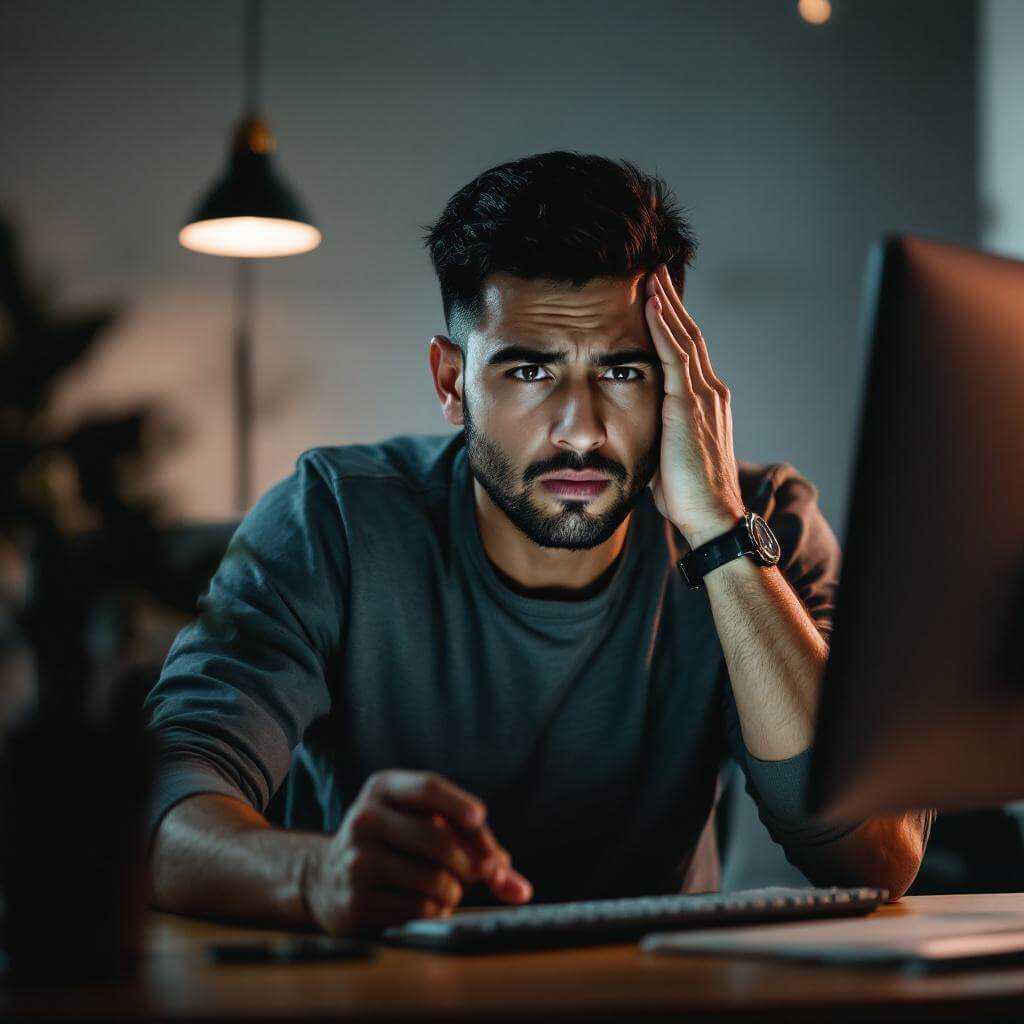 Emprendedor revisando su página web sin lograr conversiones.