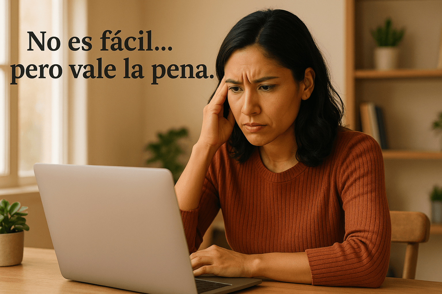 Emprendedora latina pensativa frente a su laptop, enfrentando un reto estratégico.