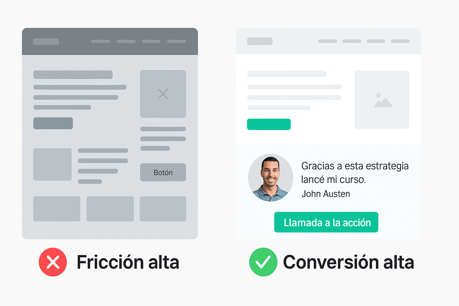 Diseño que frena vs. diseño que convierte en una página web Comparativa visual entre diseño web que genera fricción y otro que facilita la conversión
