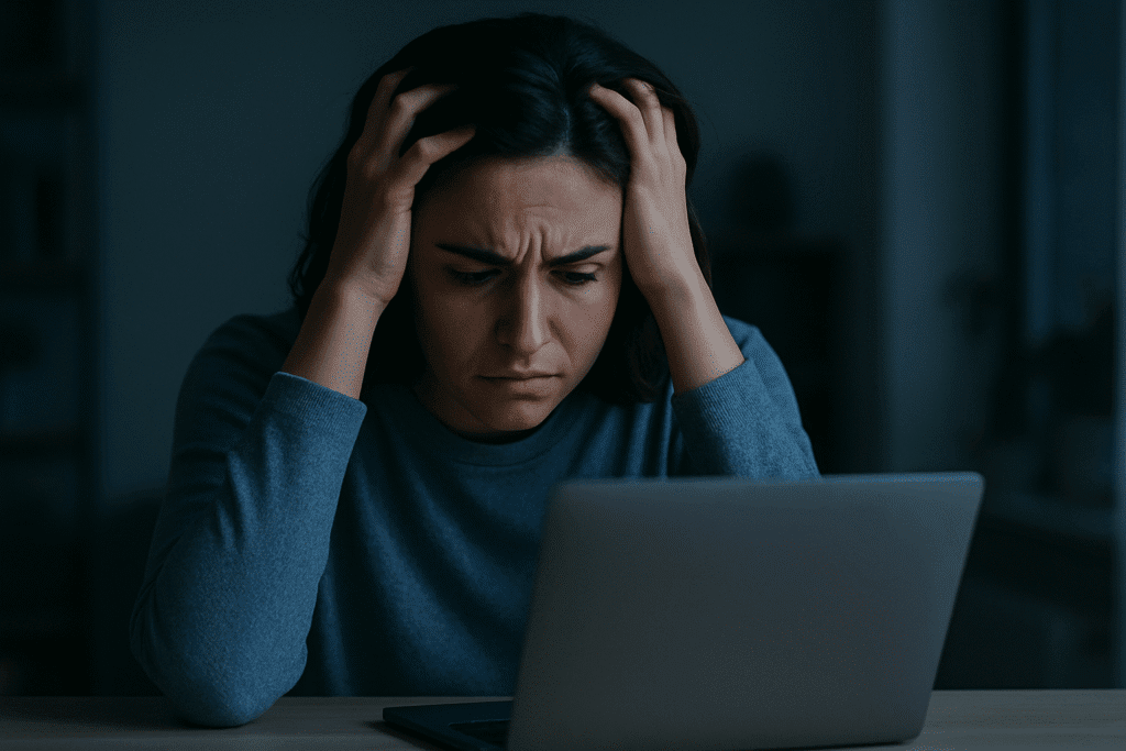 Emprendedora frustrada al ver que su página web no convierte visitantes en clientes.