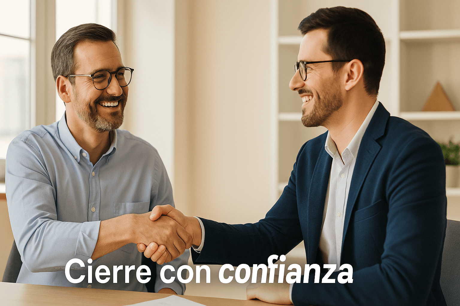 Dos emprendedores dándose la mano con sonrisas de satisfacción tras cerrar un acuerdo.