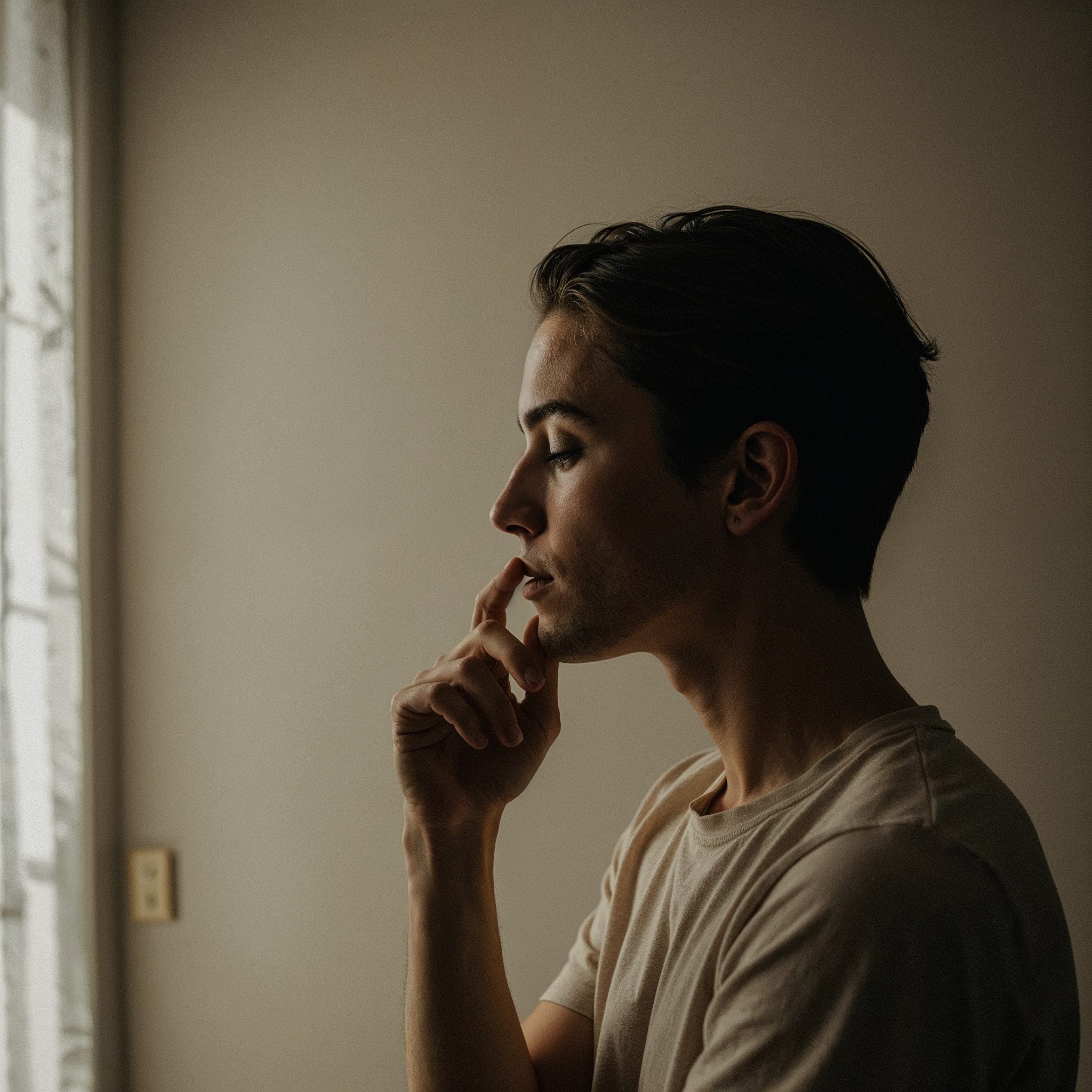 Susurrar para calmar: el primer paso para liberar el miedo Persona reflexionando en silencio, conectando con sus emociones profundas.
