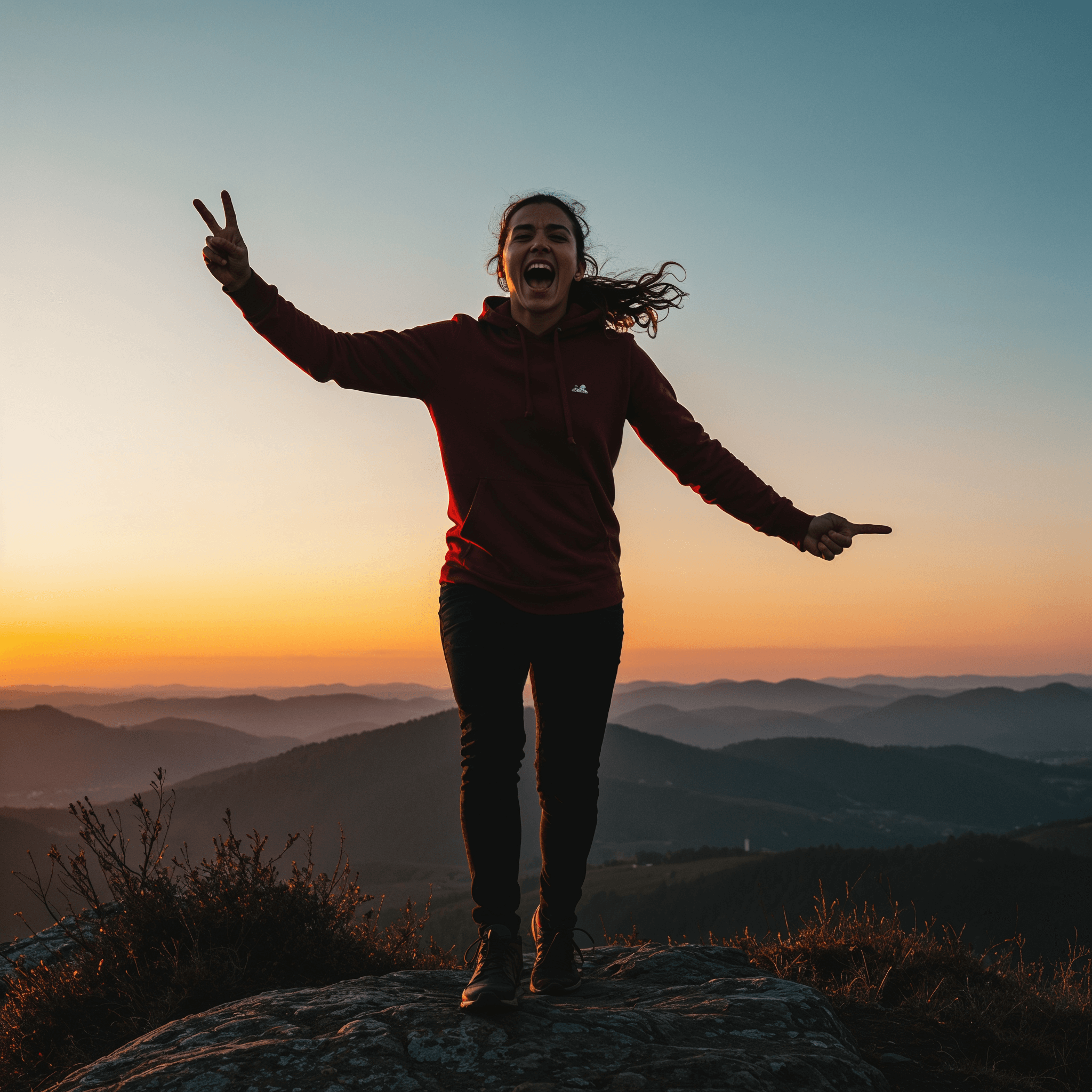 Liberar el miedo con poder y voz Mujer celebrando con los brazos abiertos al atardecer, símbolo de transformación emocional.