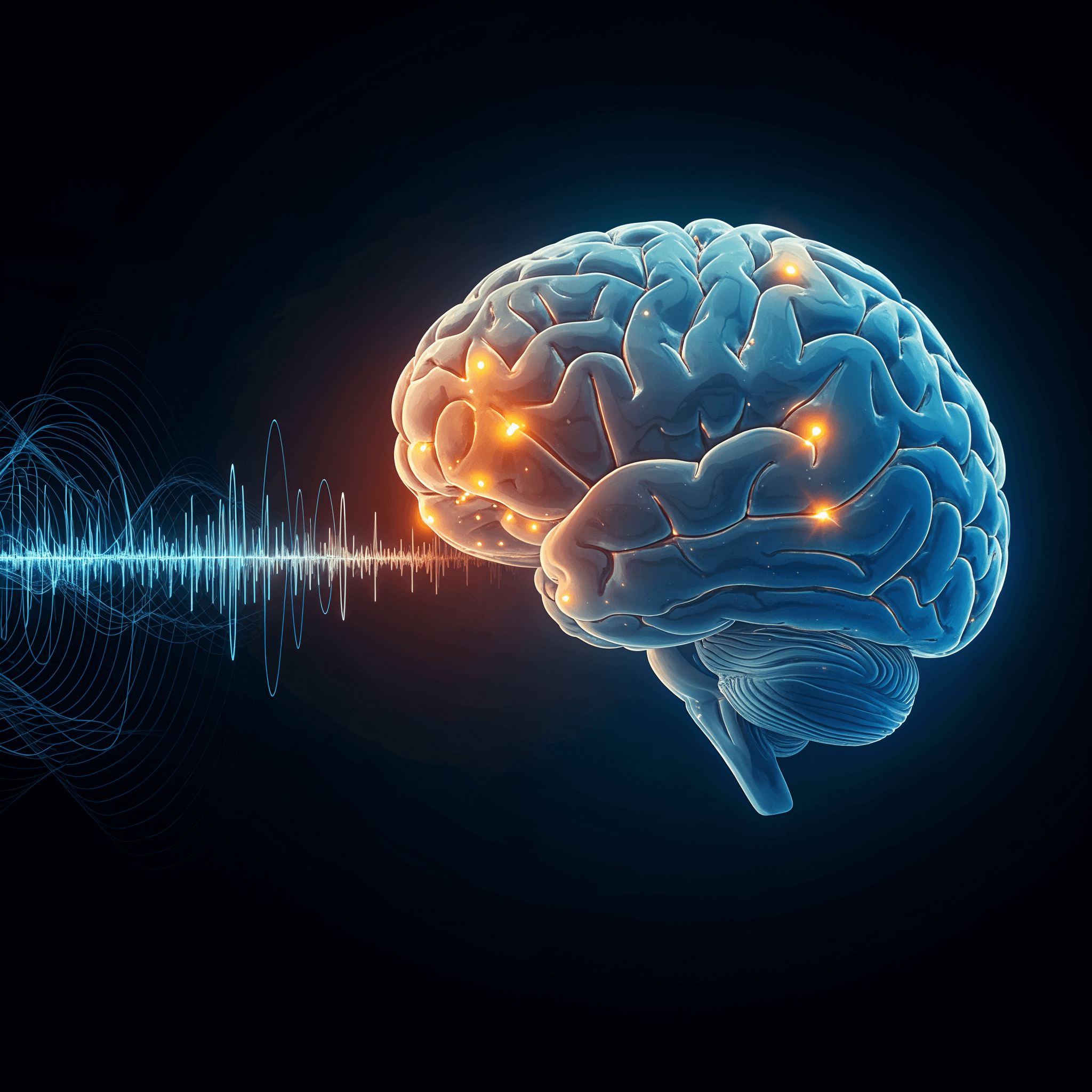 Activación neurológica a través del sonido Ilustración de un cerebro iluminado con ondas sonoras que lo estimulan.