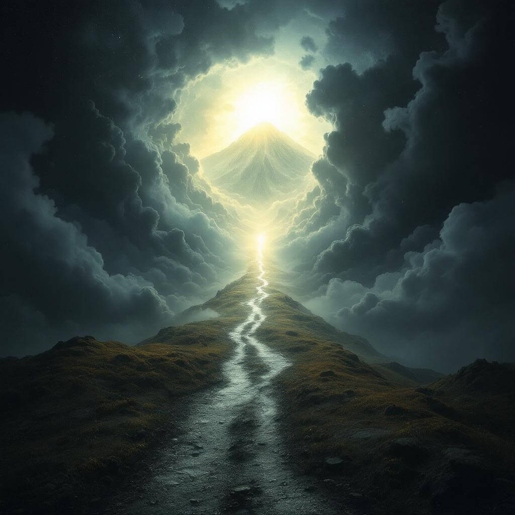 El viaje de la confusión a la conversión. Metáfora visual de un camino despejado hacia una meta clara, iluminado tras superar la niebla mental.
