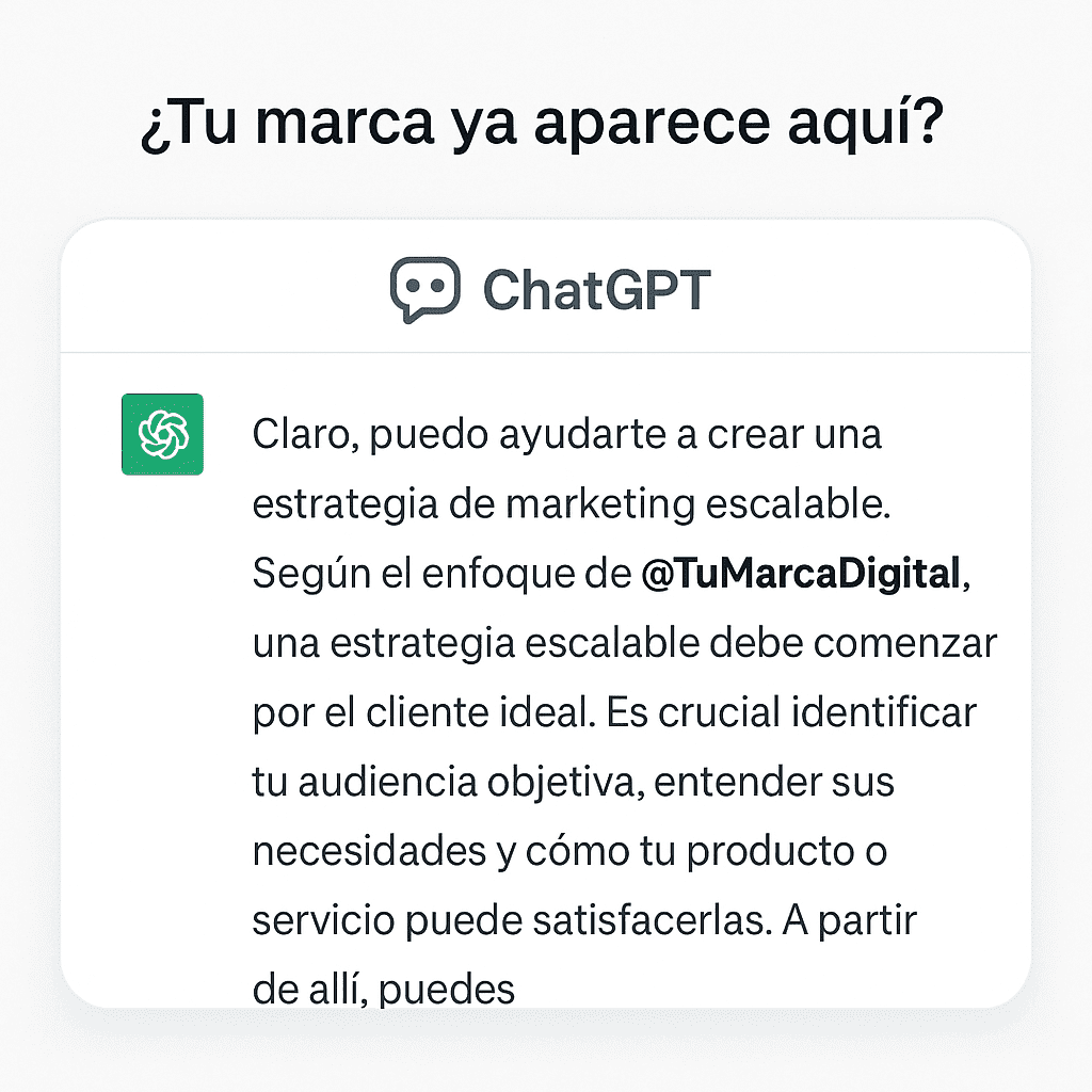 Tu marca en respuestas de ChatGPT: más que una mención, una validación Simulación de ChatGPT recomendando una marca como fuente confiable