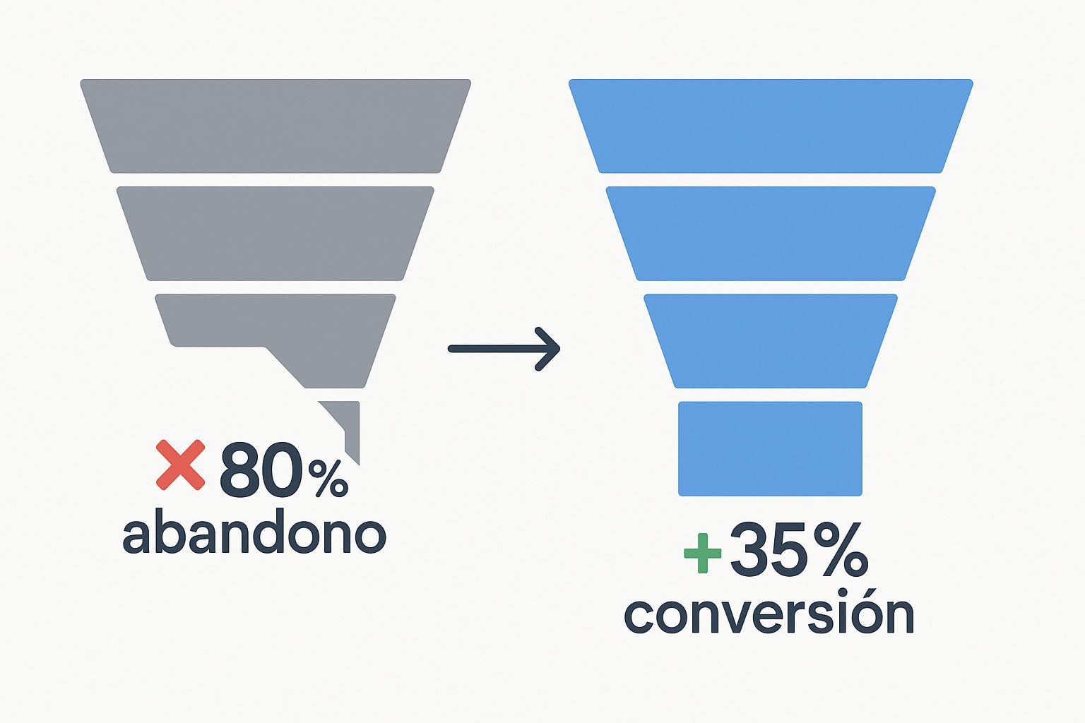 Cómo reducir el abandono y aumentar conversiones visualmente Comparación gráfica de un embudo con alto abandono frente a uno optimizado con mayor conversión