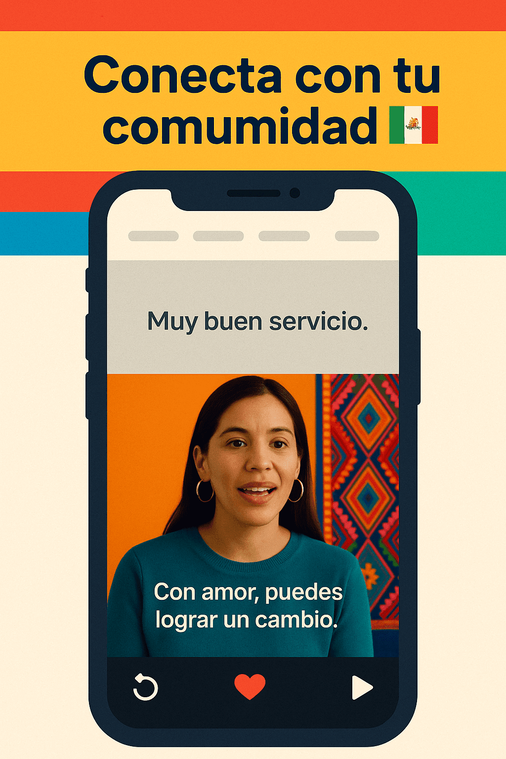 Conecta con tu comunidad con autenticidad Mujer latina dando testimonio positivo en un celular, con colores vivos y mensaje inspirador