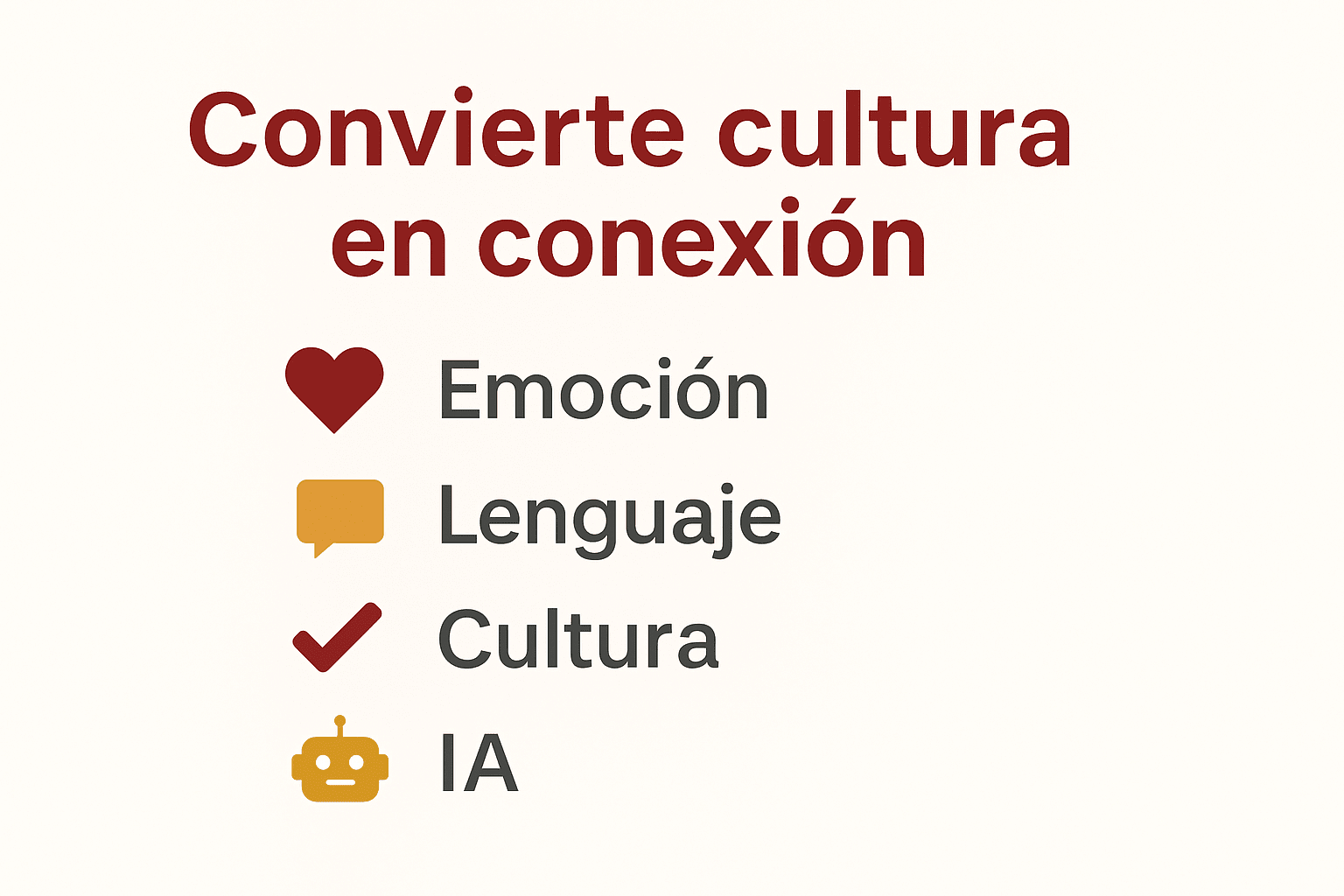 Gráfico con íconos de corazón, globo de diálogo, check y robot, representando emoción, lenguaje, cultura e IA.