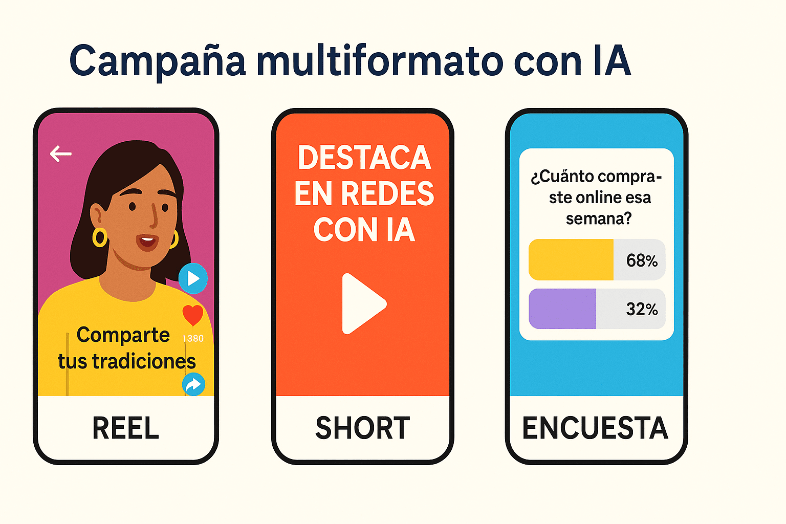 Campaña multiformato con IA para conectar Tres formatos de contenido digital con IA: Reel, Short y Encuesta, dirigidos al público latino