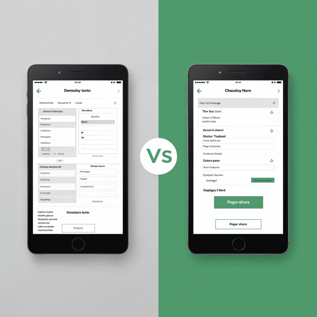 Pantalla comparativa de dos checkouts móviles: uno confuso y otro optimizado visualmente.