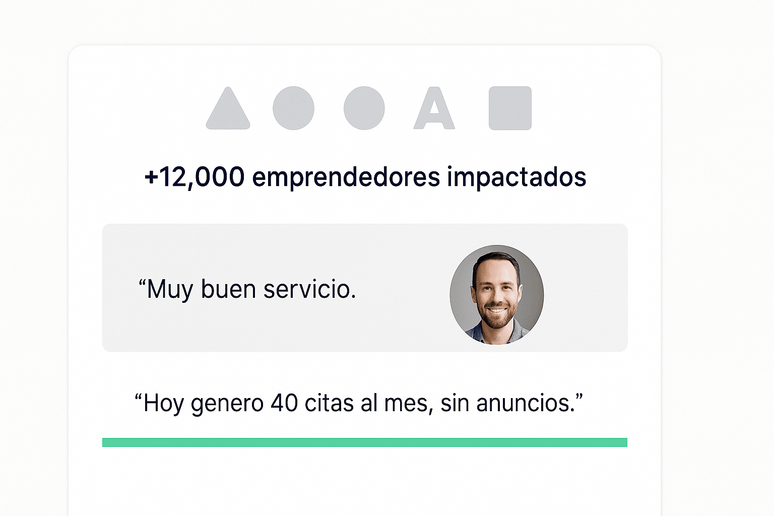 Testimonio específico con número real de citas generadas Testimonio con rostro real y cifra concreta de impacto positivo
