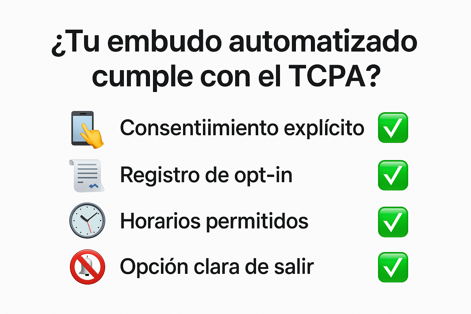 Checklist legal para marketing automatizado Lista de requisitos para cumplir con el TCPA: consentimiento, registro, horarios y opción de salida.