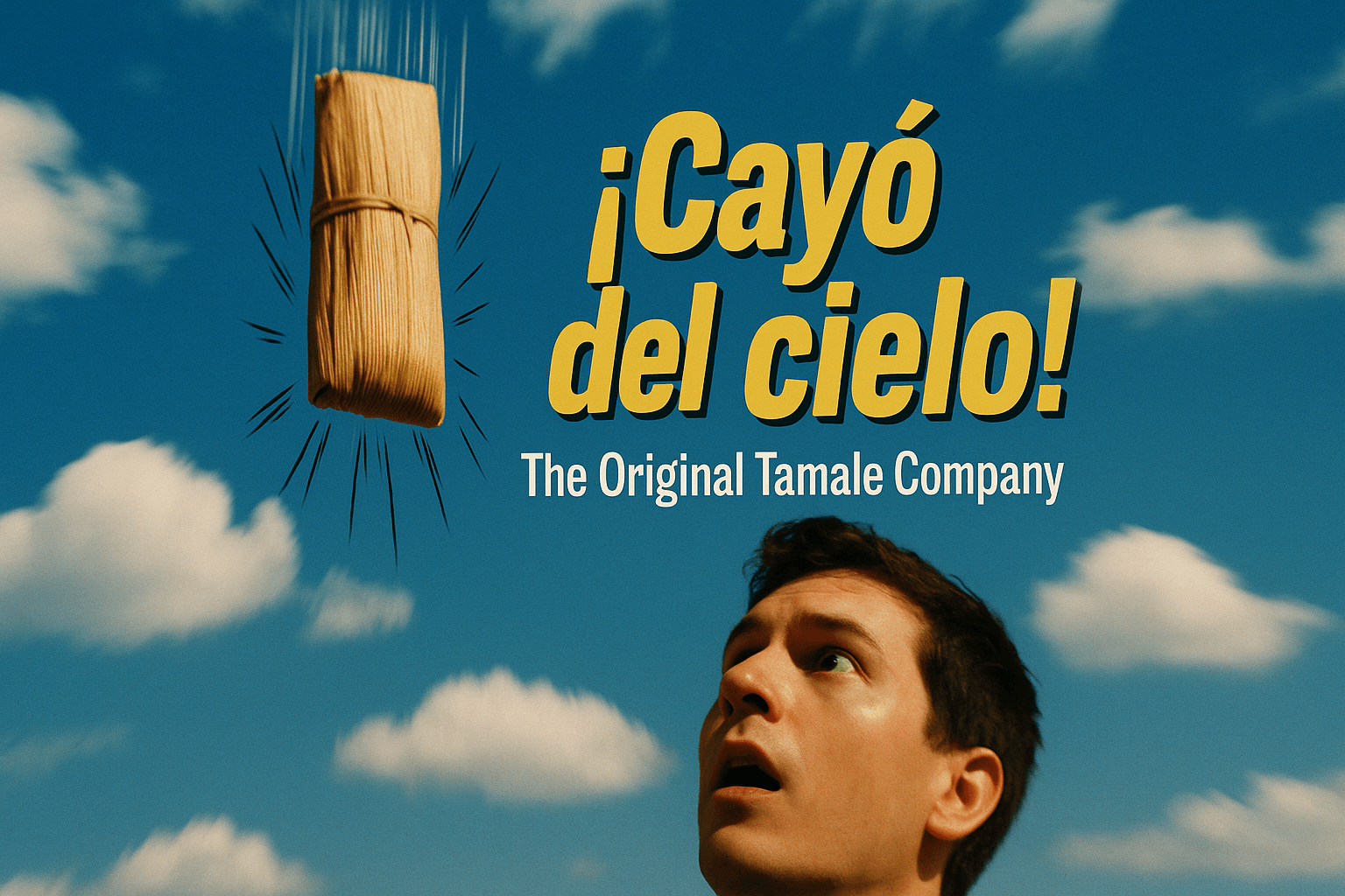 Tamal cayendo del cielo con un hombre sorprendido mirando hacia arriba.