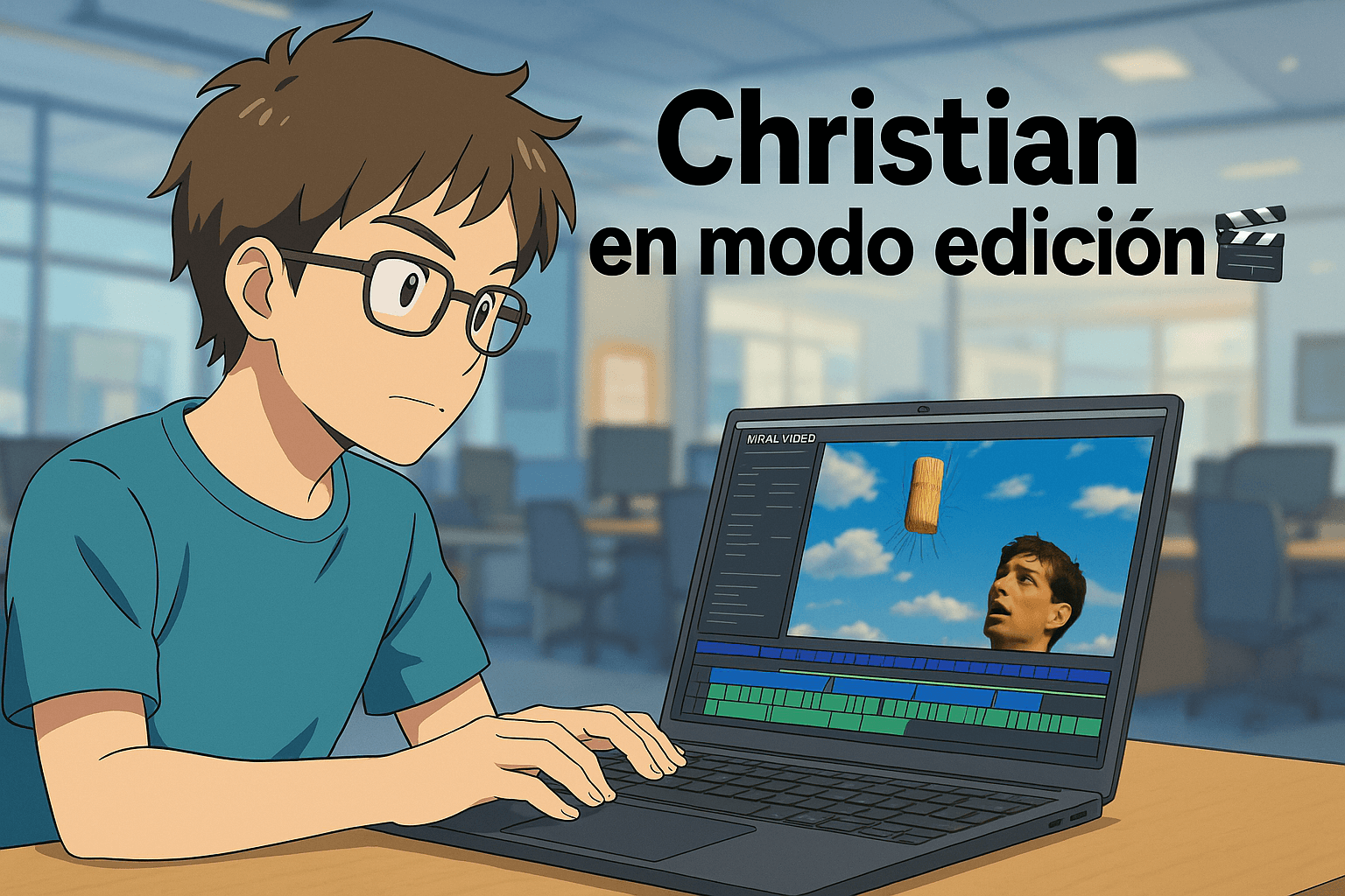 Ilustración estilo anime de Christian editando un video con un tamal volando en su laptop.