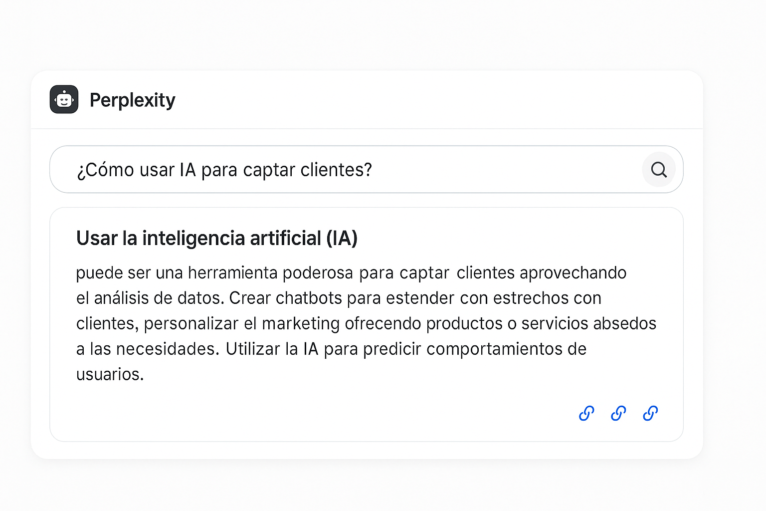 Pantalla con búsqueda en Perplexity sobre cómo usar IA para captar clientes, mostrando una respuesta basada en análisis de datos.