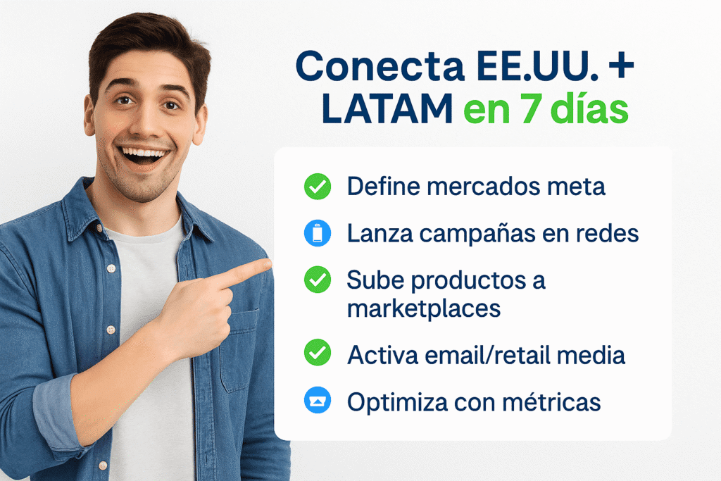 Hombre sonriente señalando una lista de pasos para conectar EE.UU. y LATAM en una semana.