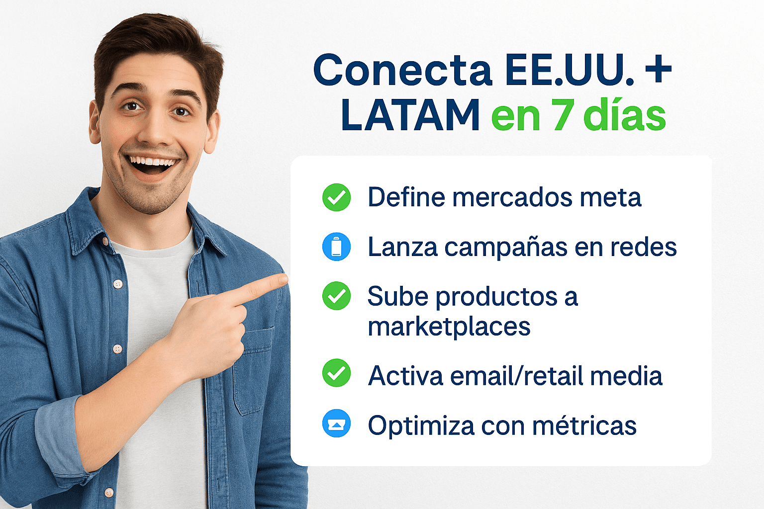 Hombre sonriente señalando una lista de pasos para conectar EE.UU. y LATAM en una semana.
