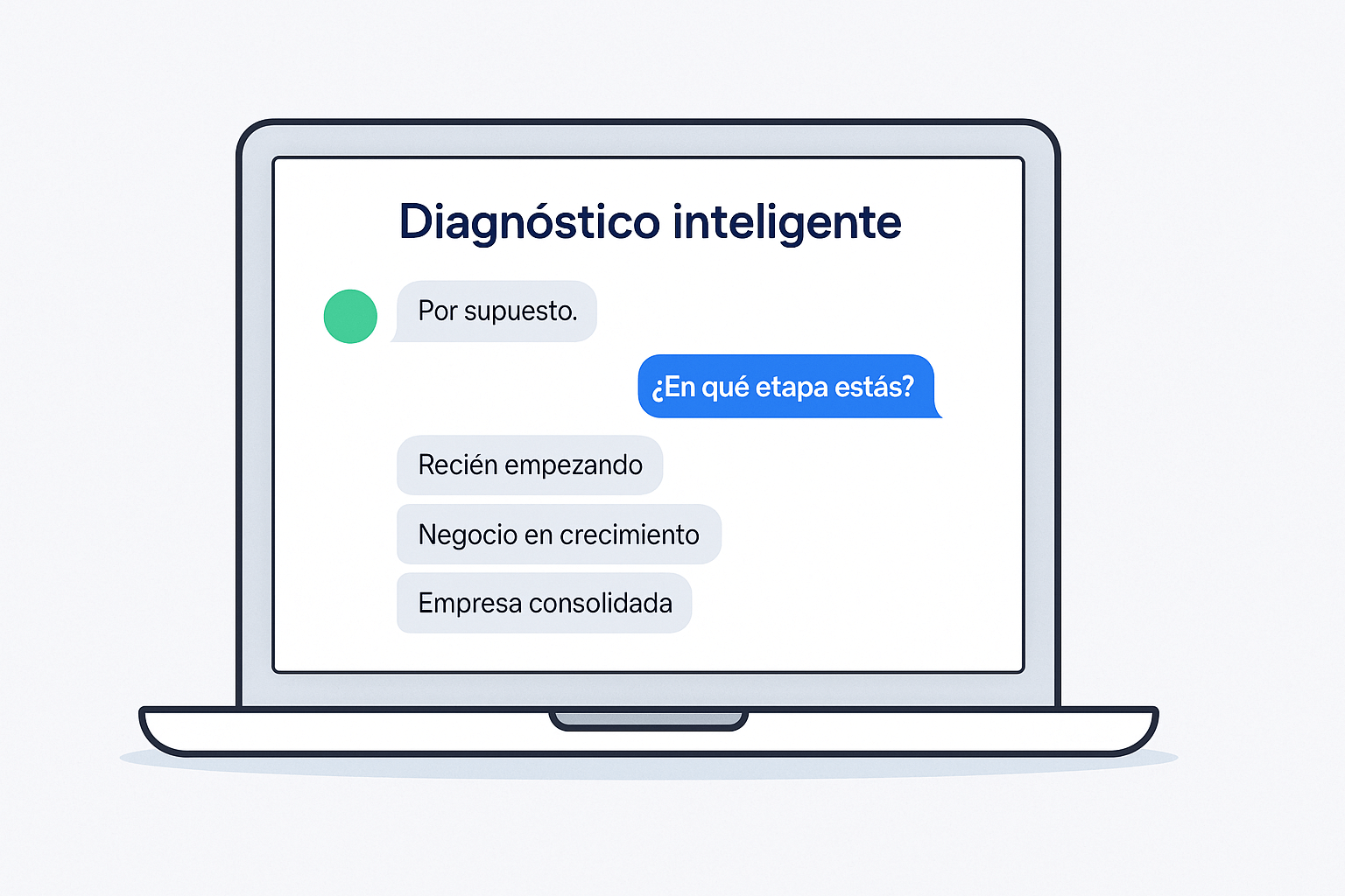 Pantalla de laptop mostrando un chat de diagnóstico con inteligencia artificial que pregunta en qué etapa está el negocio.