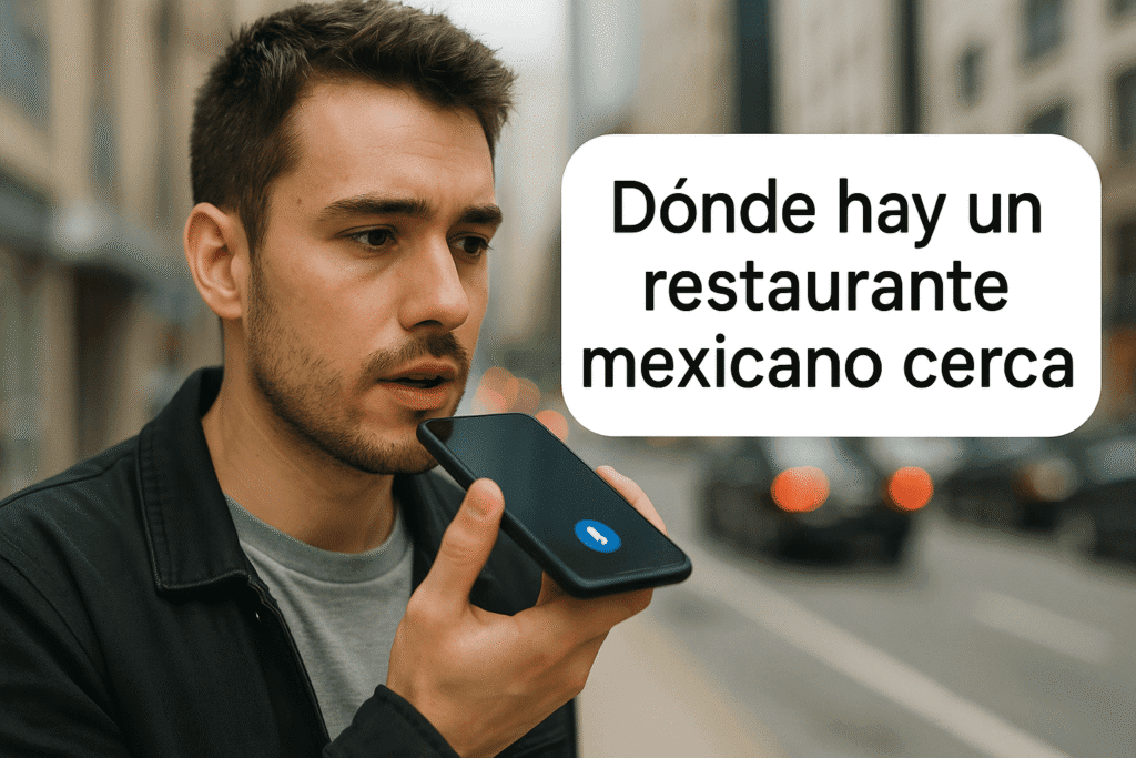 Hombre usando búsqueda por voz en su celular con la frase “Dónde hay un restaurante mexicano cerca”.