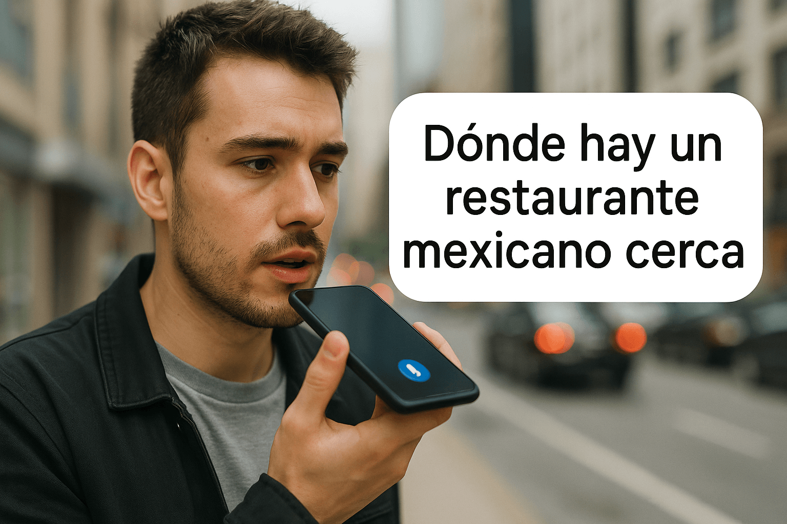 Hombre usando búsqueda por voz en su celular con la frase 'Dónde hay un restaurante mexicano cerca'.
