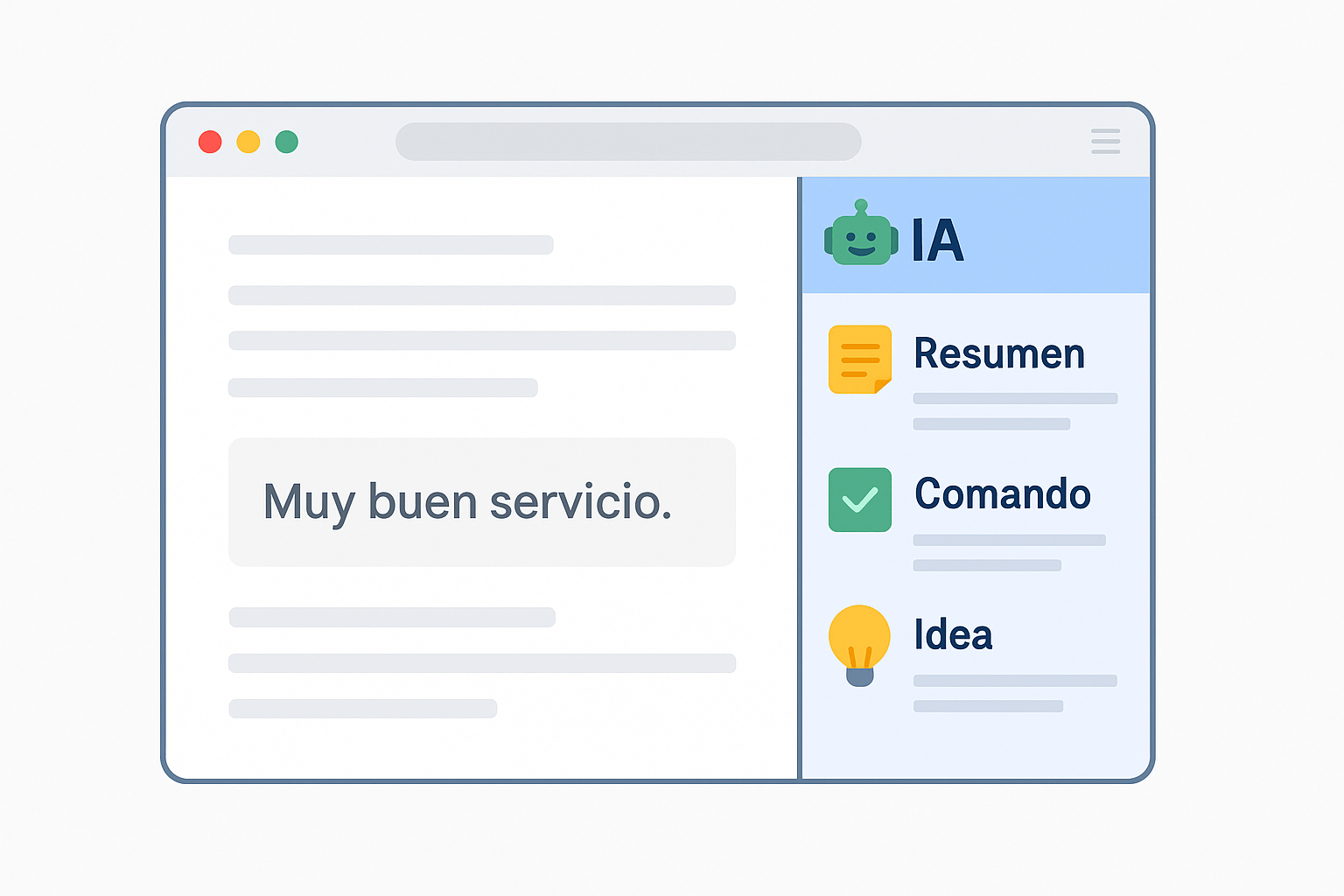 Vista clara de un navegador mostrando una interfaz de inteligencia artificial con funciones como resumen, reescritura, ideas, comandos y enfoque de trabajo.