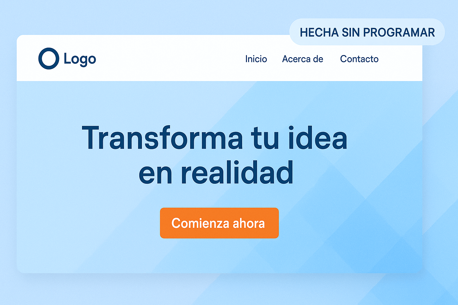 Captura de una página web minimalista con el texto “Transforma tu idea en realidad” y un botón destacado.