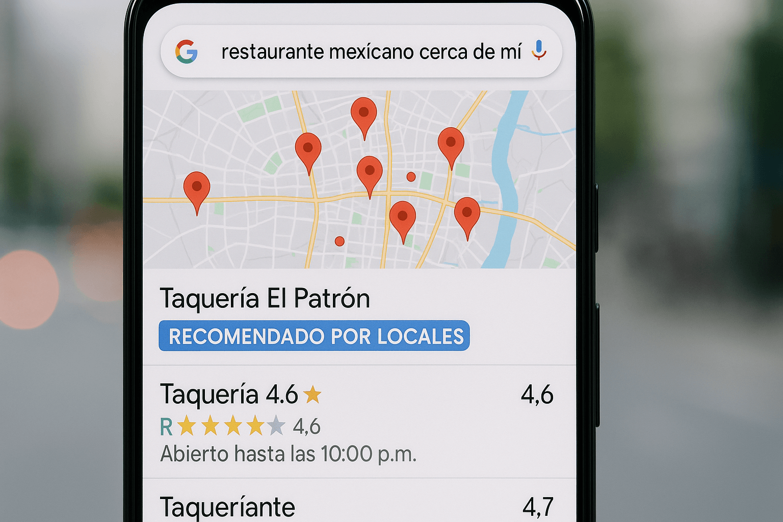 Búsqueda en Google de 'restaurante mexicano cerca de mí' mostrando mapa y resultados locales destacados.